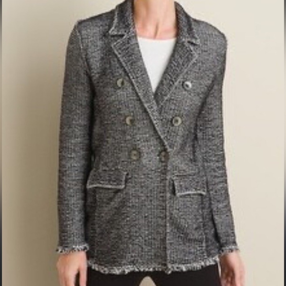 NWOT Chico’s Denim Blue Fringed Sweater Jacket/Cardigan size 3/US 14.